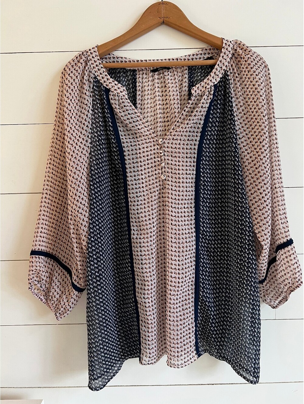 Milano Mixed Print Boho Peasant Blouse Balloon Sleeve Navy Size XL Office Casual